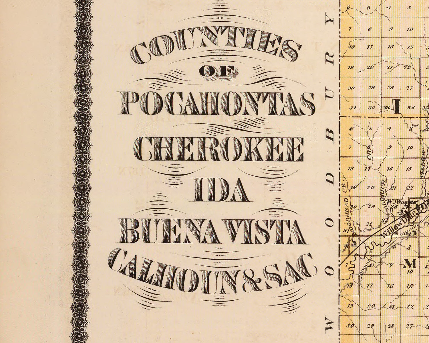 1875 Map of Pocahontas Cherokee Ida Buena Vista Calhoun and Sac County Iowa