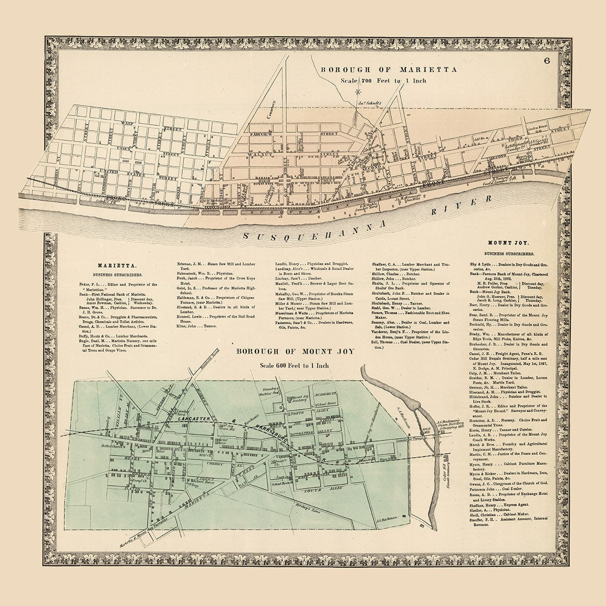 1864 Town Map of Marietta Lancaster County Pennsylvania Mount Joy