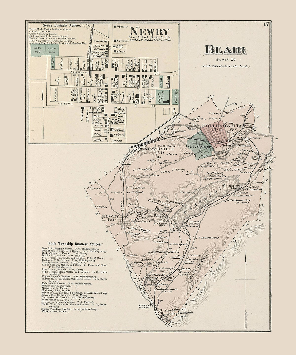 1873 Map of Blair Township Blair County Pennsylvania Newry