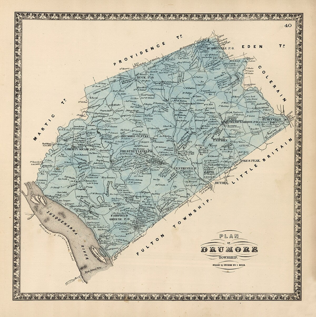 1864 Map of Drumore Township Lancaster County Pennsylvania