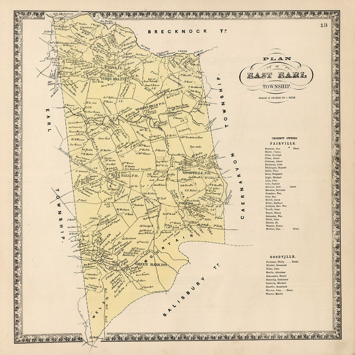 1864 Map of East Earl Township Lancaster County Pennsylvania