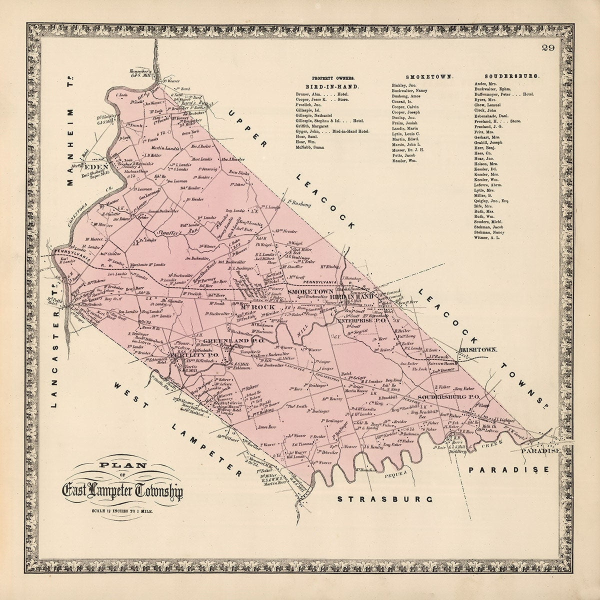 1864 Map of East Lampeter Township Lancaster County Pennsylvania