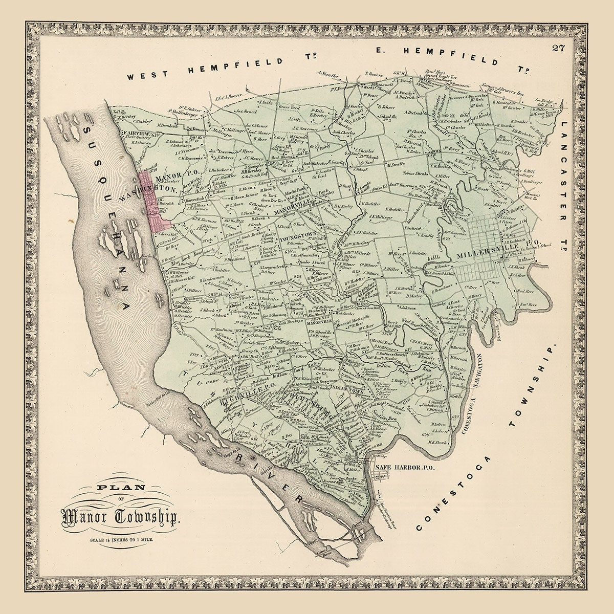 1864 Map of Manor Township Lancaster County Pennsylvania