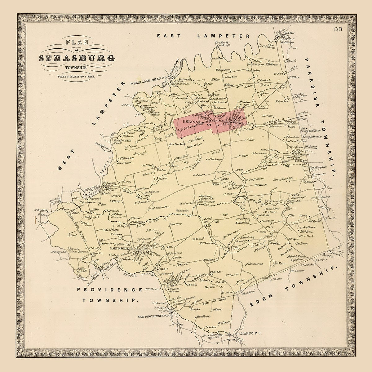 1864 Map of Strasburg Township Lancaster County Pennsylvania