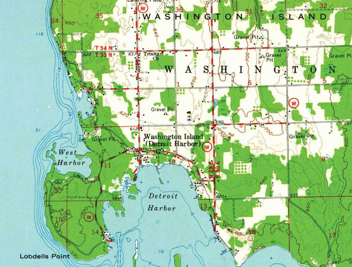 1960 Topo Map of Washington Island Door County Wisconsin