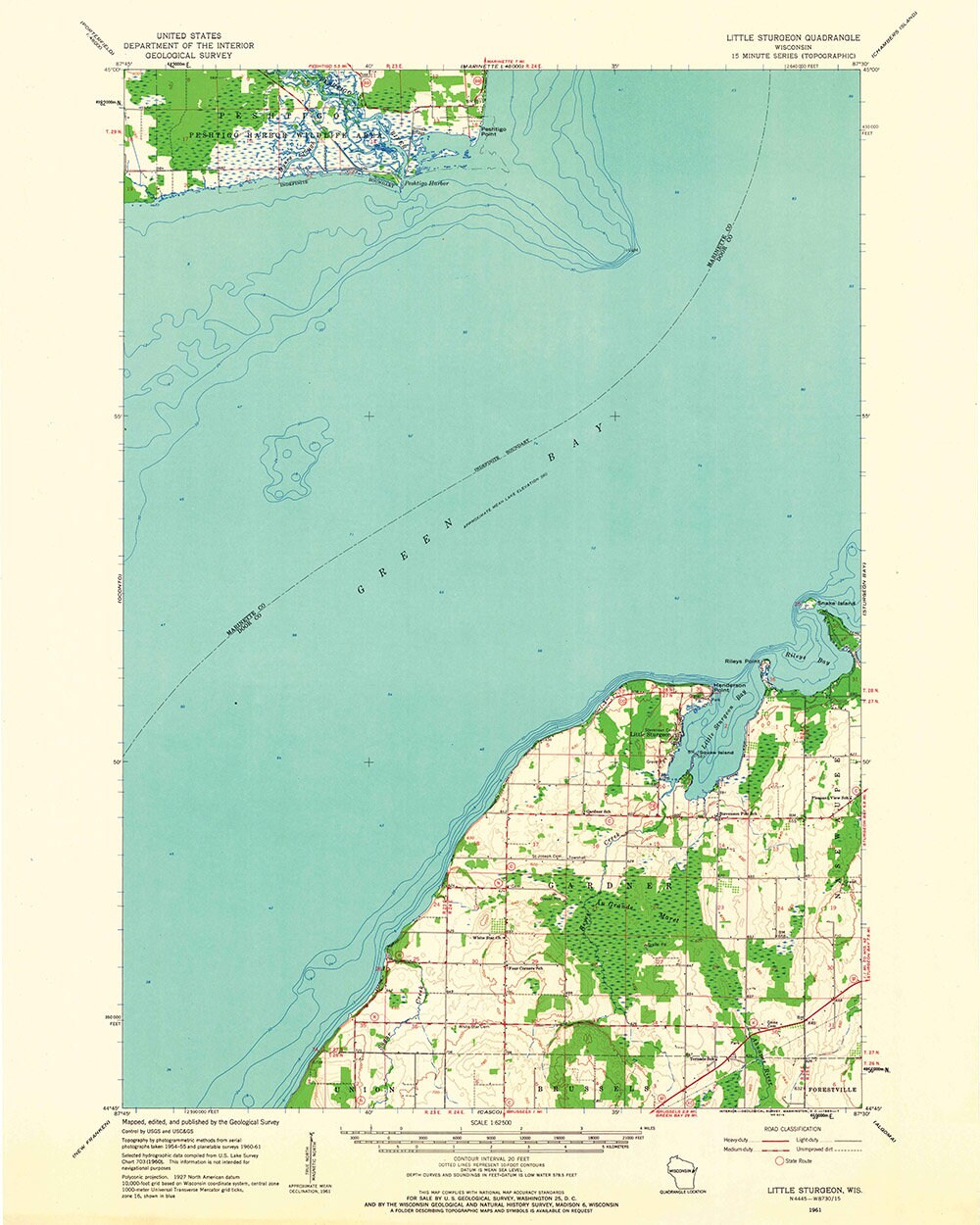 1961 Topo Map of Little Sturgeon Door County Wisconsin