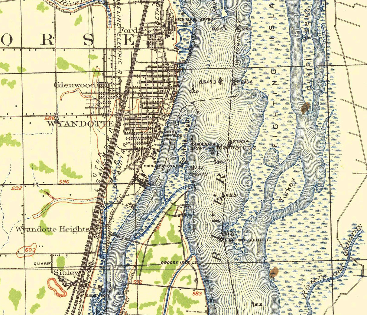 1929 Topo Map of Wyandotte Michigan Detroit River
