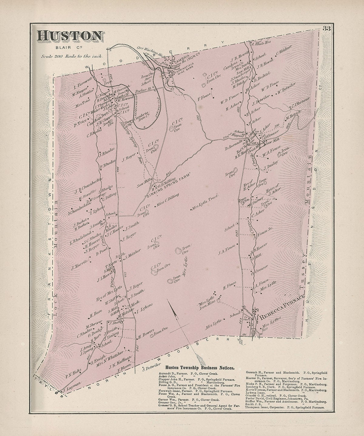1873 Map of Huston Township Blair County Pennsylvania