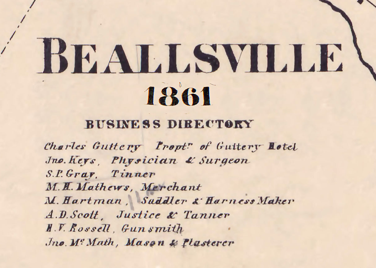1861 Town Map of Beallsville Washington County Pennsylvania