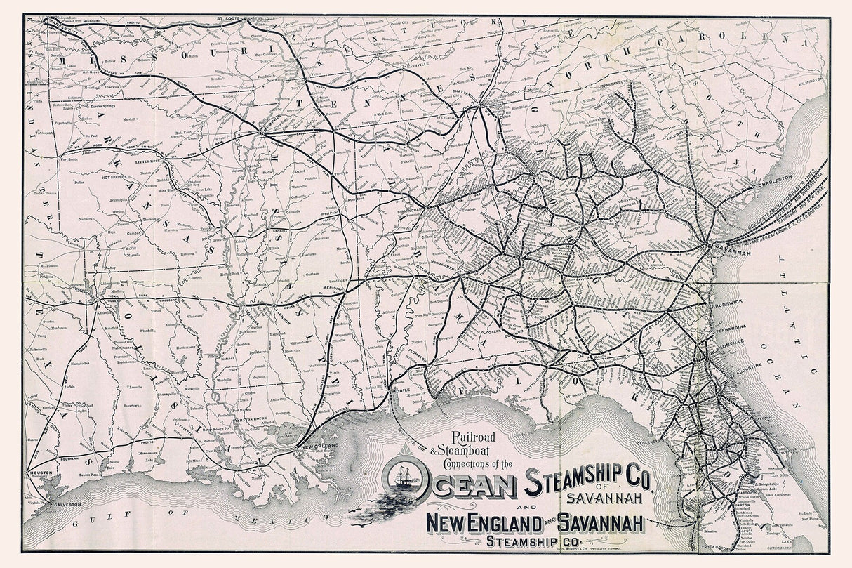 1892 Railroad and Steamboat Connection Map New England and Savannah