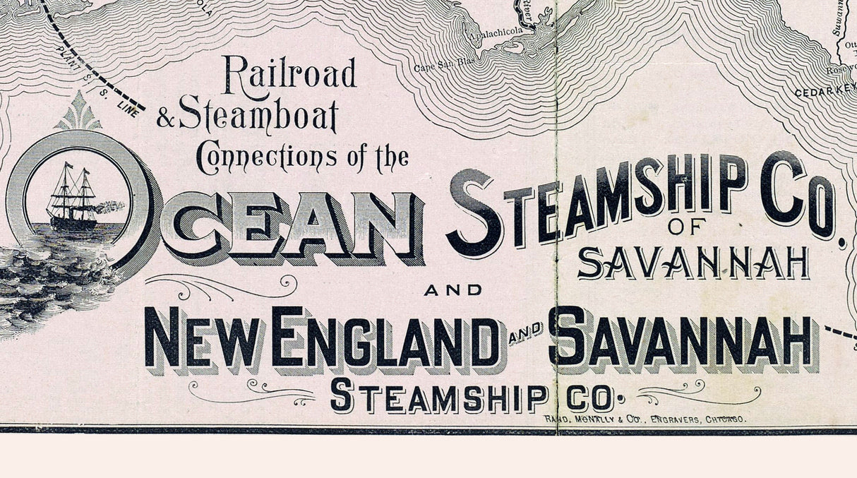 1892 Railroad and Steamboat Connection Map New England and Savannah
