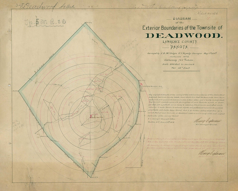 1878 Map of Deadwood Lawrence County Dakota