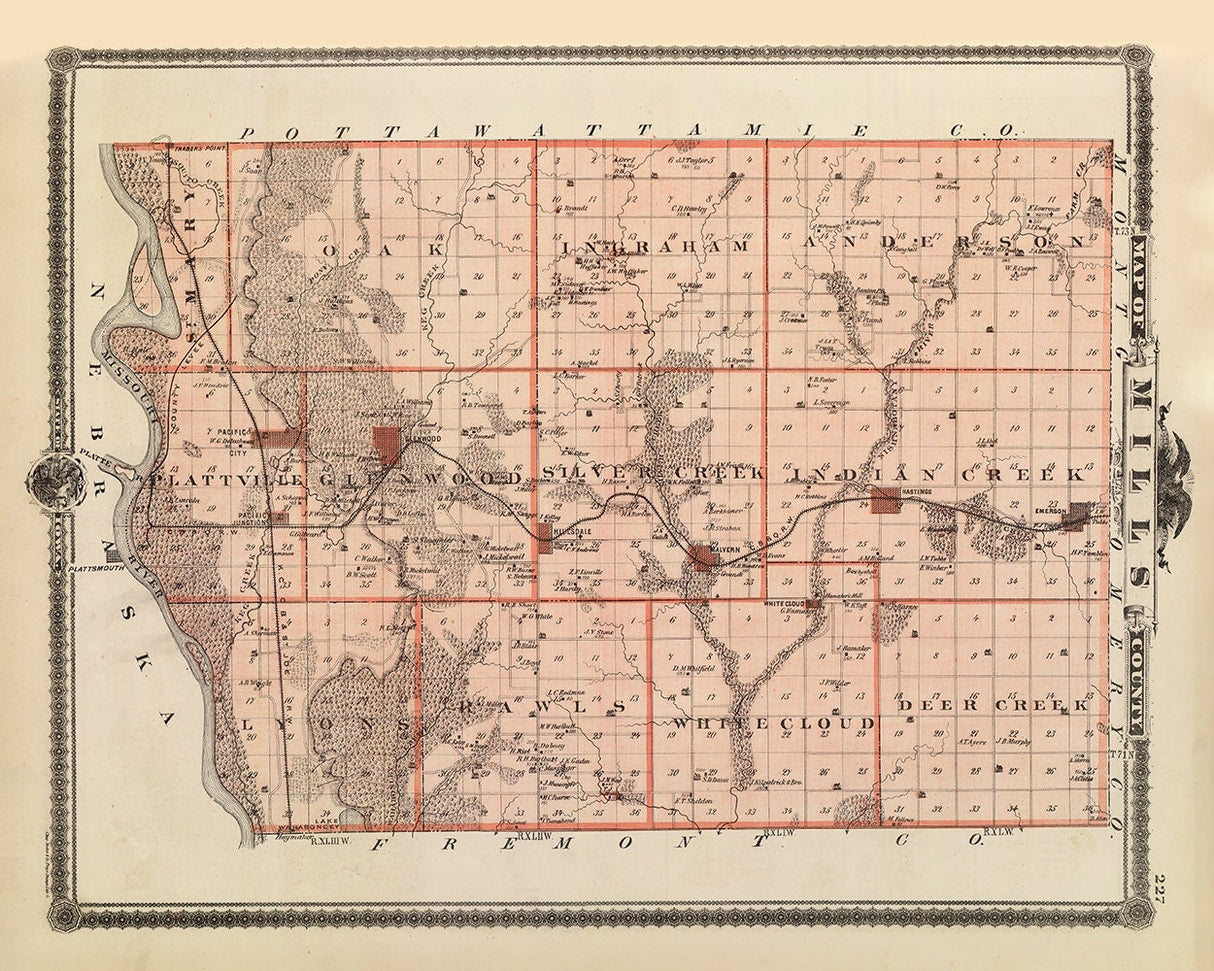 1875 Map of Mills County Iowa