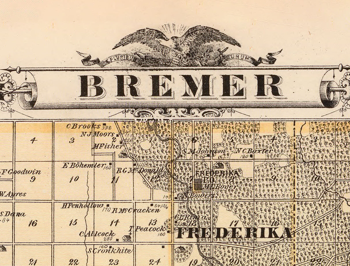 1875 Map of Bremer County Iowa Waverly