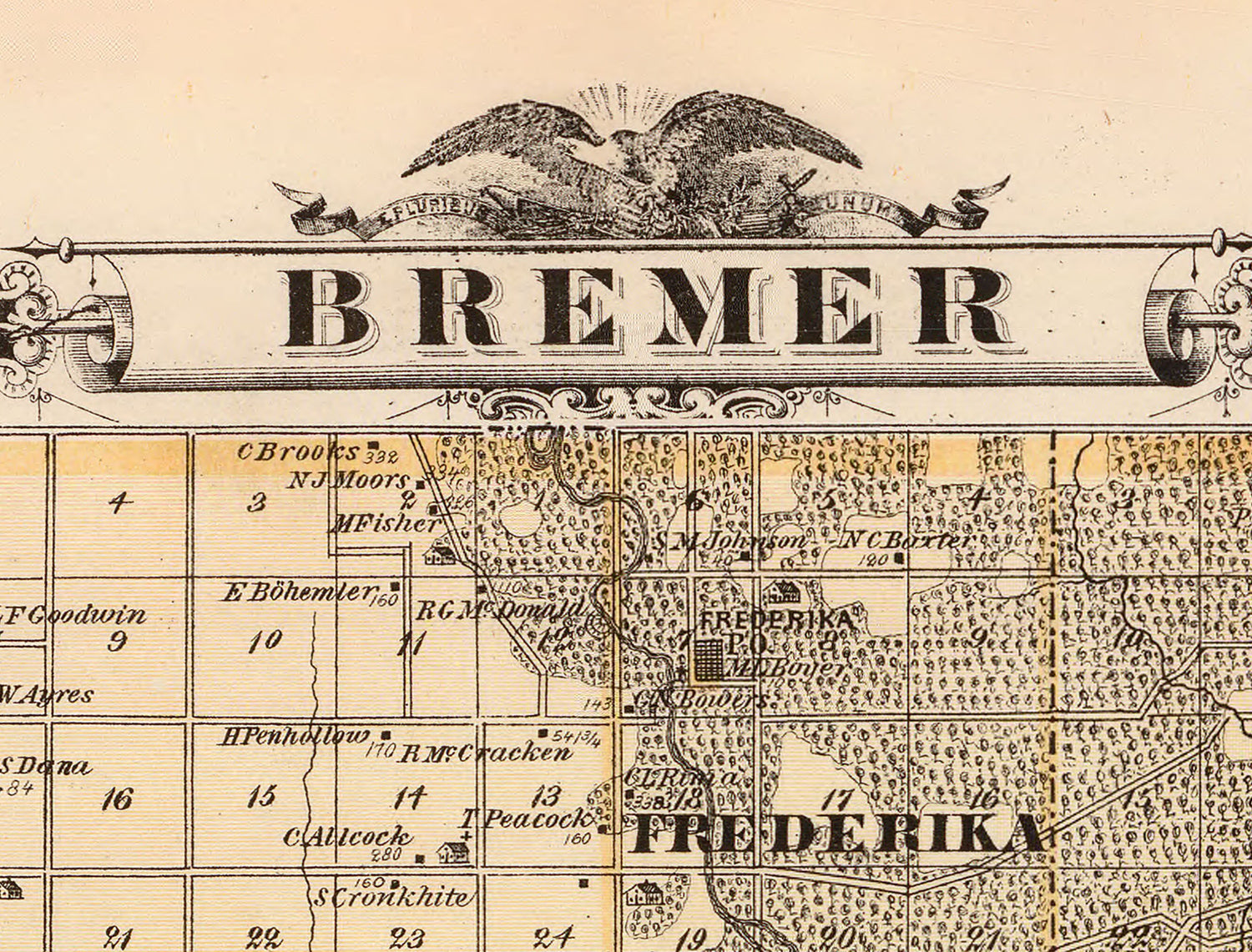 1875 Map of Bremer County Iowa Waverly