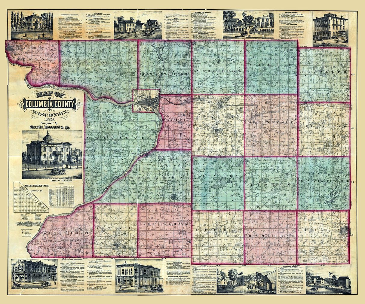 1877 Farm Line Map of Columbia County Wisconsin
