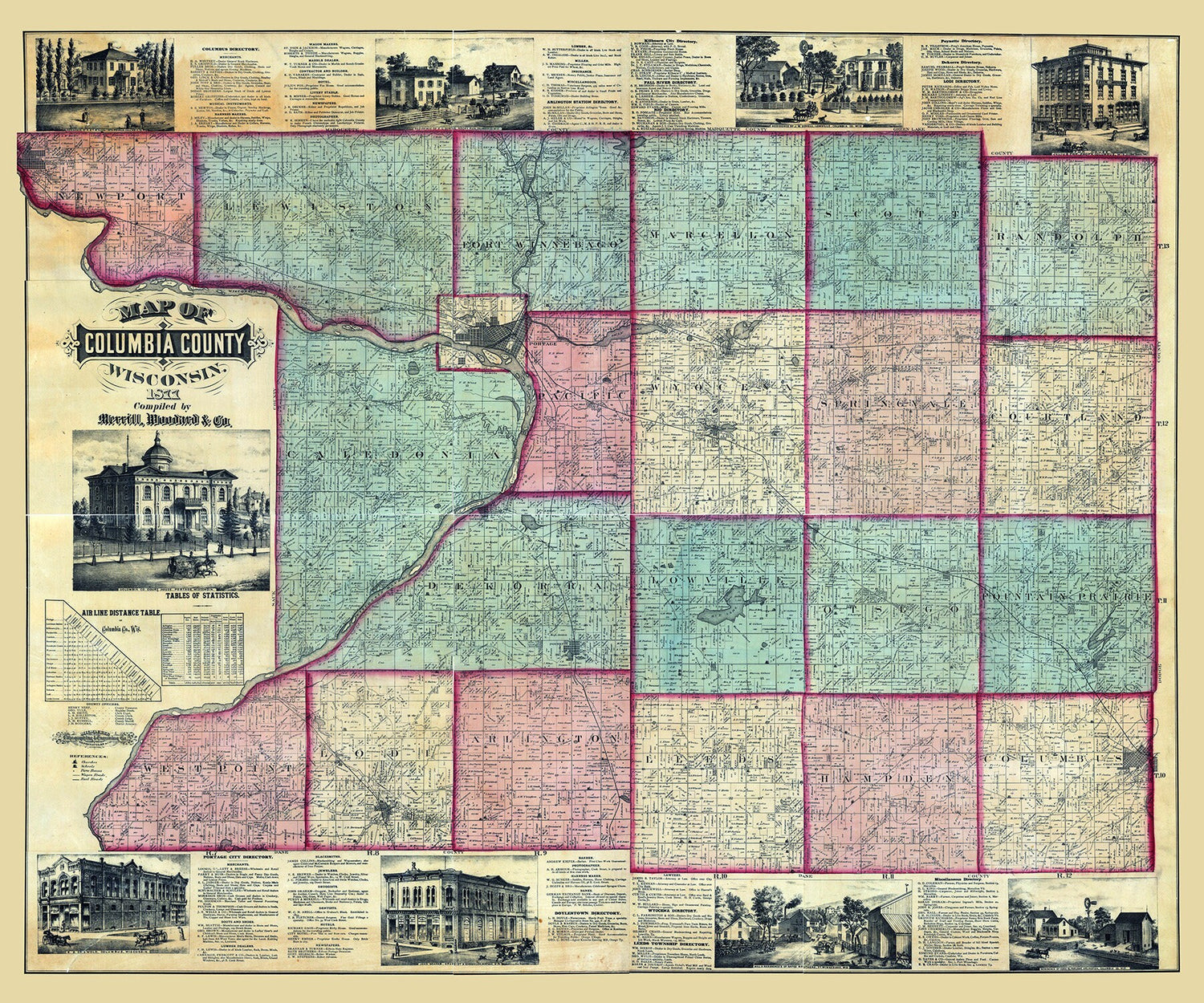 1877 Farm Line Map of Columbia County Wisconsin