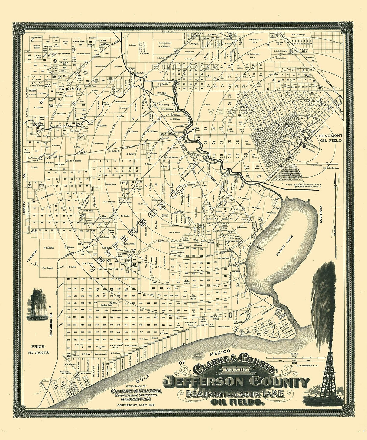 1901 Map of Jefferson County Texas Beaumont Oil Field