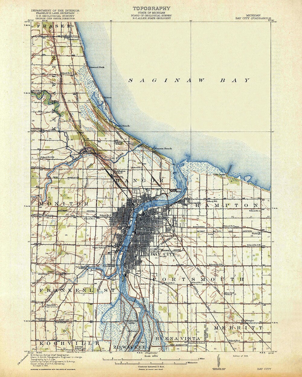 1916 Topo Map of Bay City Michigan Saginaw Bay