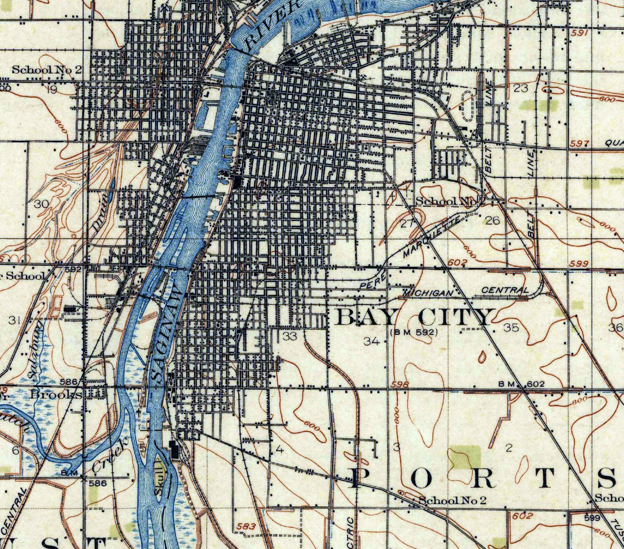 1916 Topo Map of Bay City Michigan Saginaw Bay