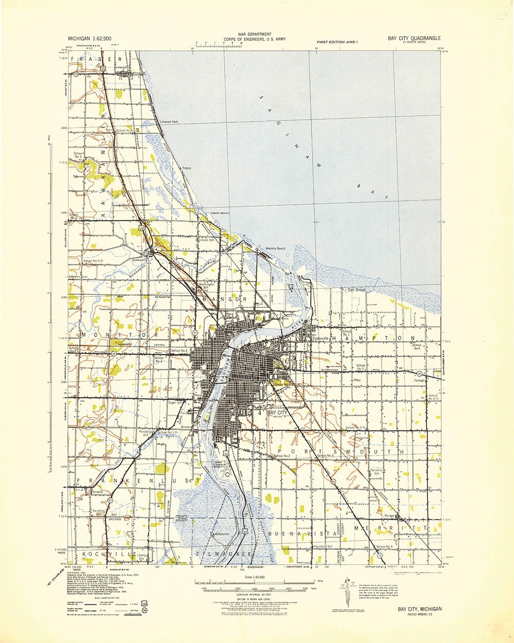 1943 Topo Map of Bay City Michigan Saginaw Bay