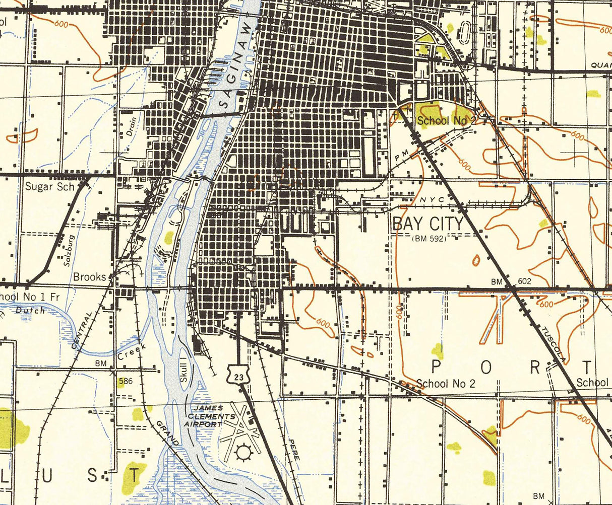 1943 Topo Map of Bay City Michigan Saginaw Bay