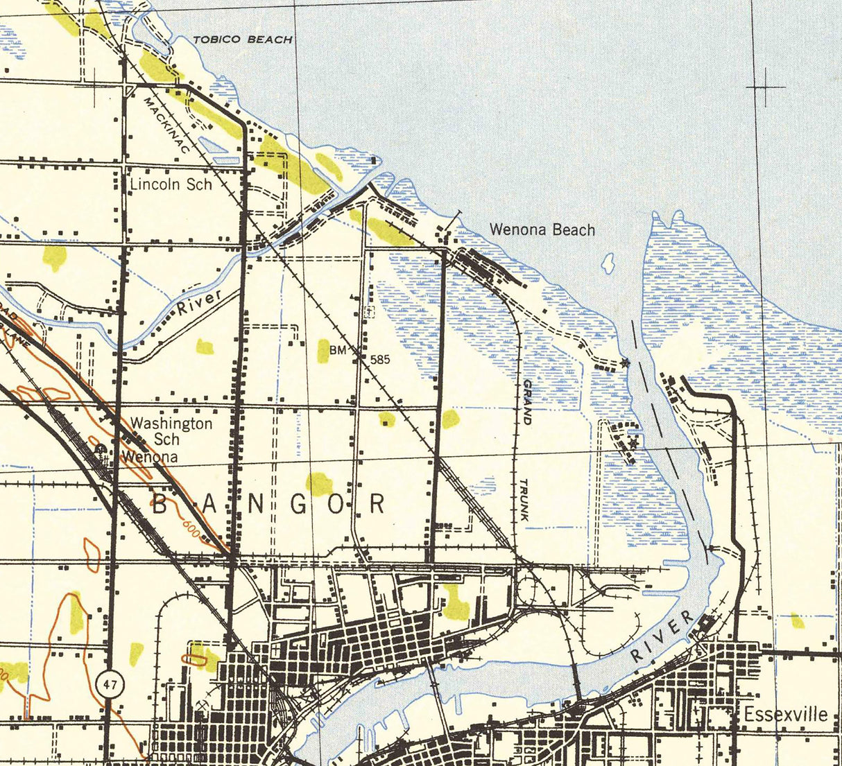 1943 Topo Map of Bay City Michigan Saginaw Bay