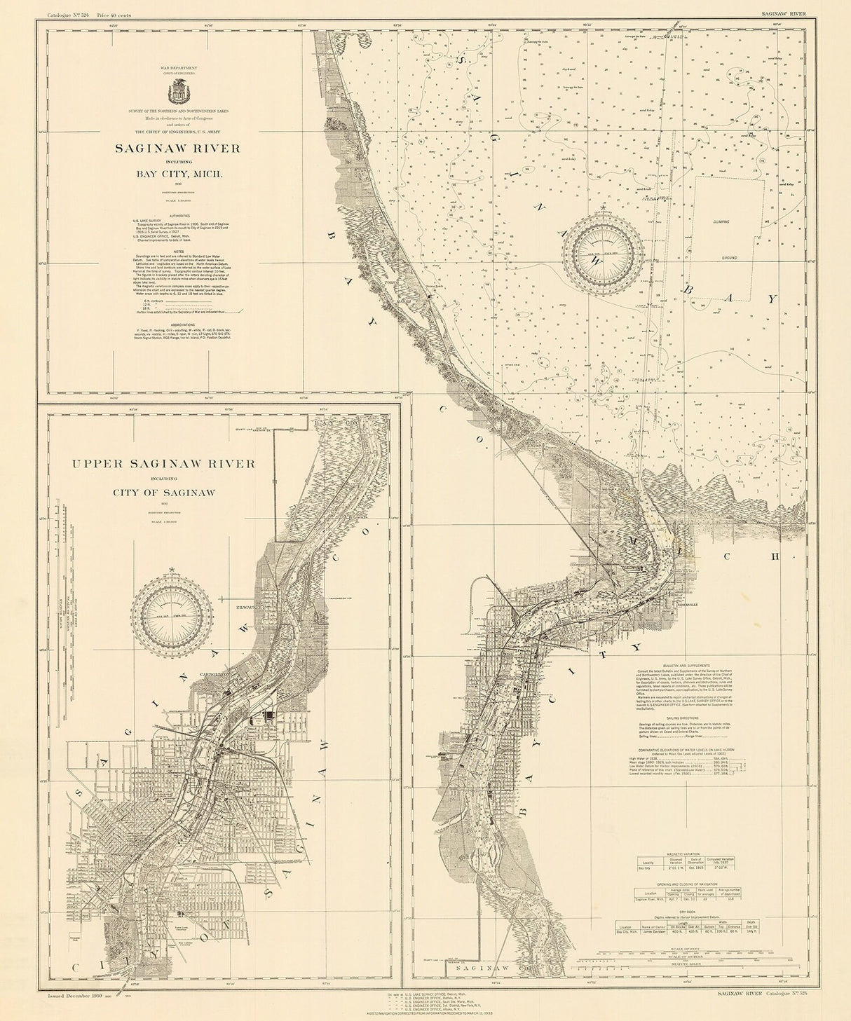 1930 Nautical Chart of Upper Saginaw River Michigan