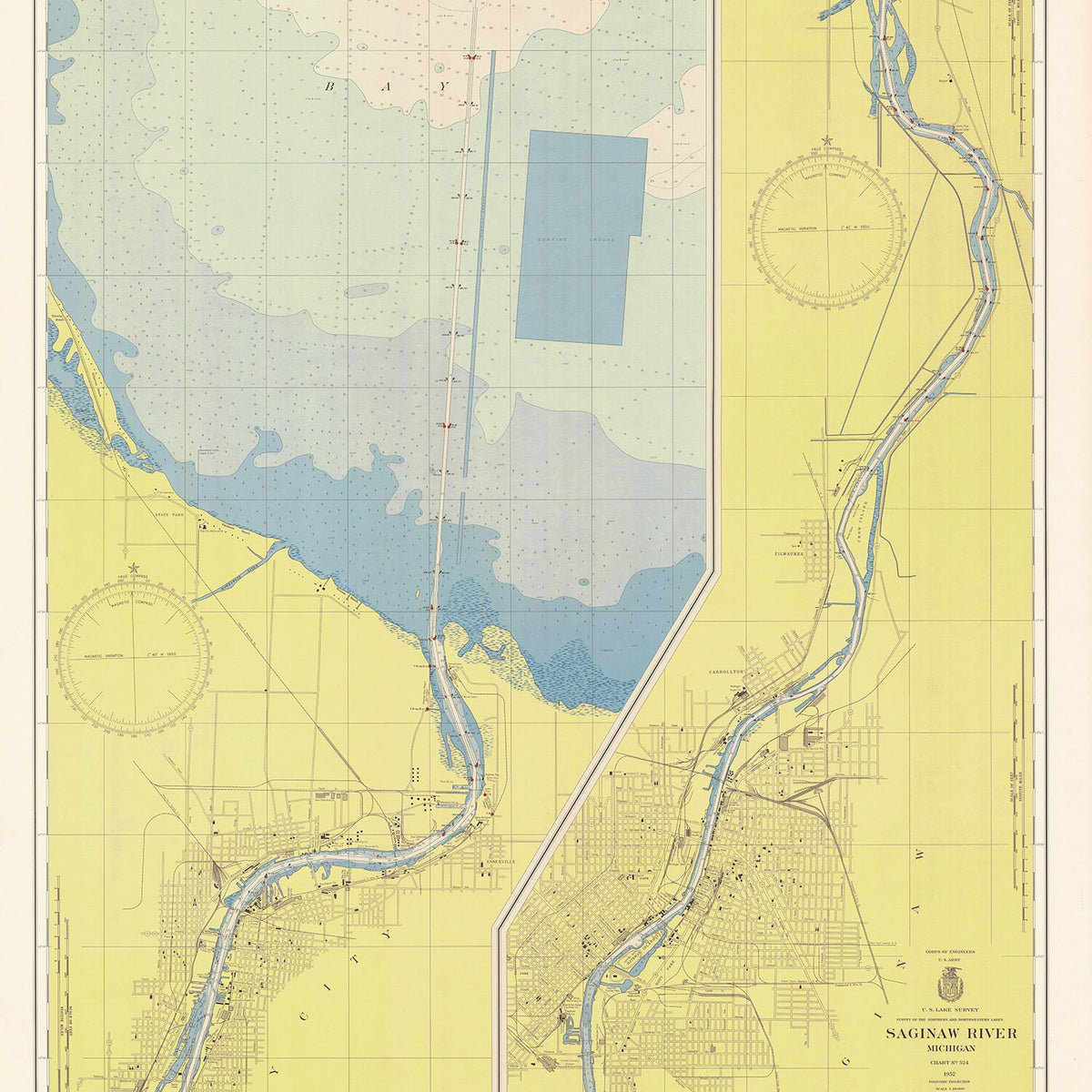 1952 Nautical Chart of Saginaw River Michigan Genealogical Surveyor