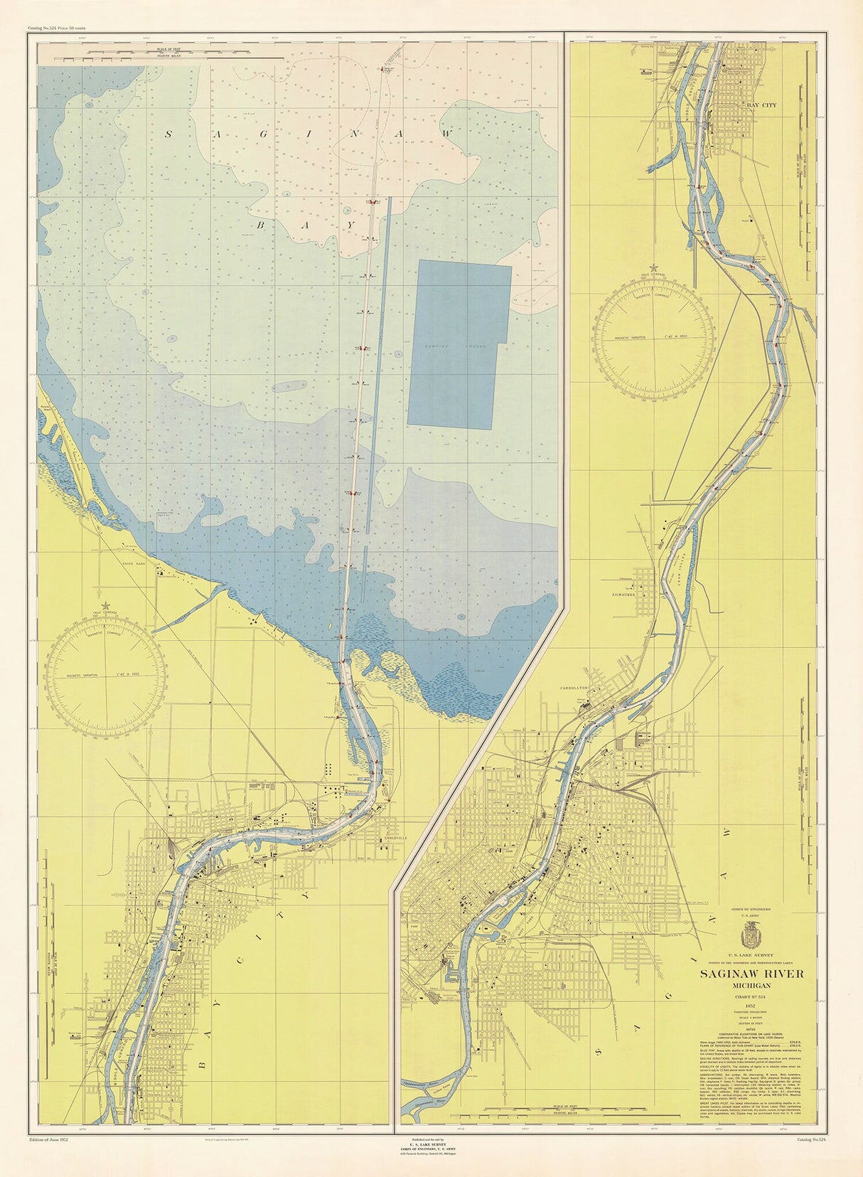 1952 Nautical Chart of Saginaw River Michigan
