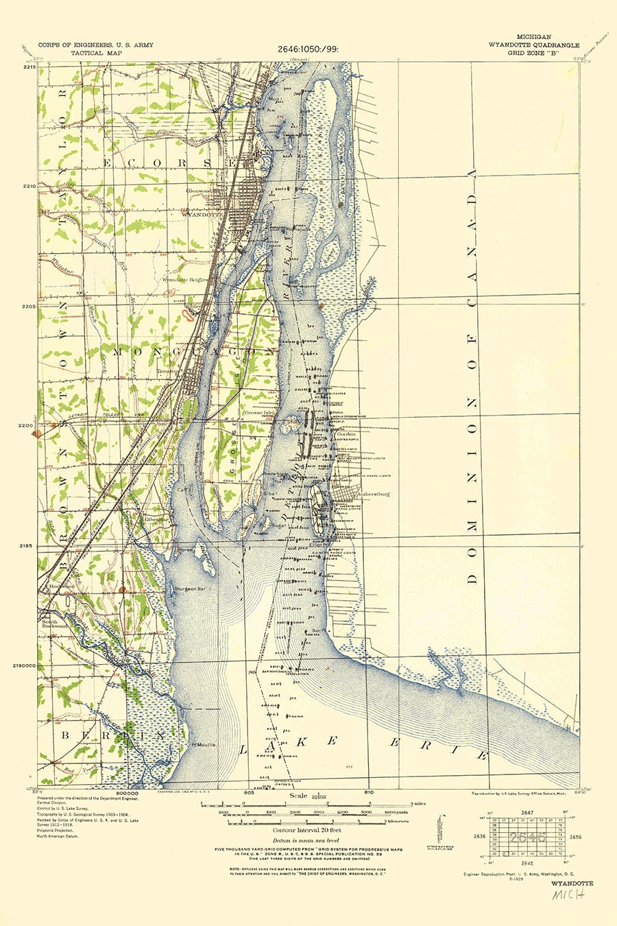 1929 Topo Map of Wyandotte Michigan Detroit River