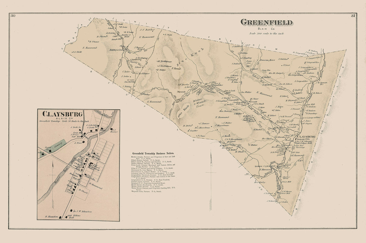 1873 Map of Greenfield Township Blair County Pennsylvania