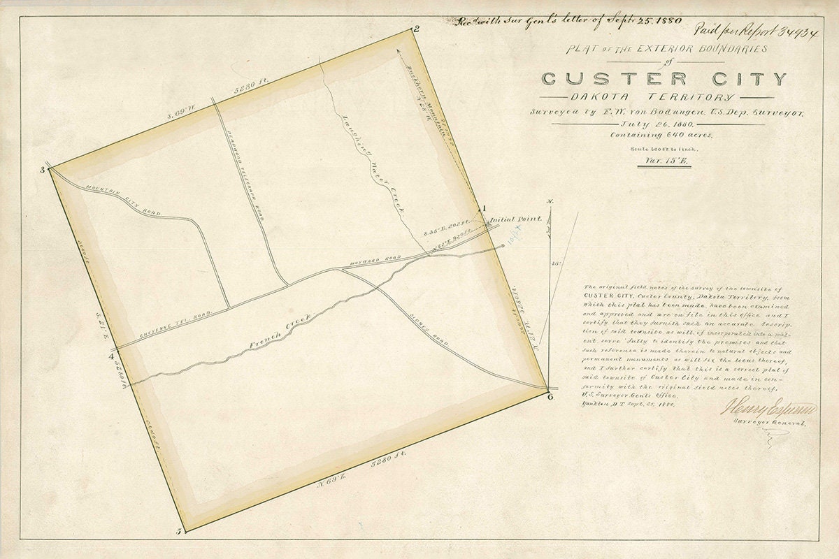 1880 Map of Custer City Dakota Territory