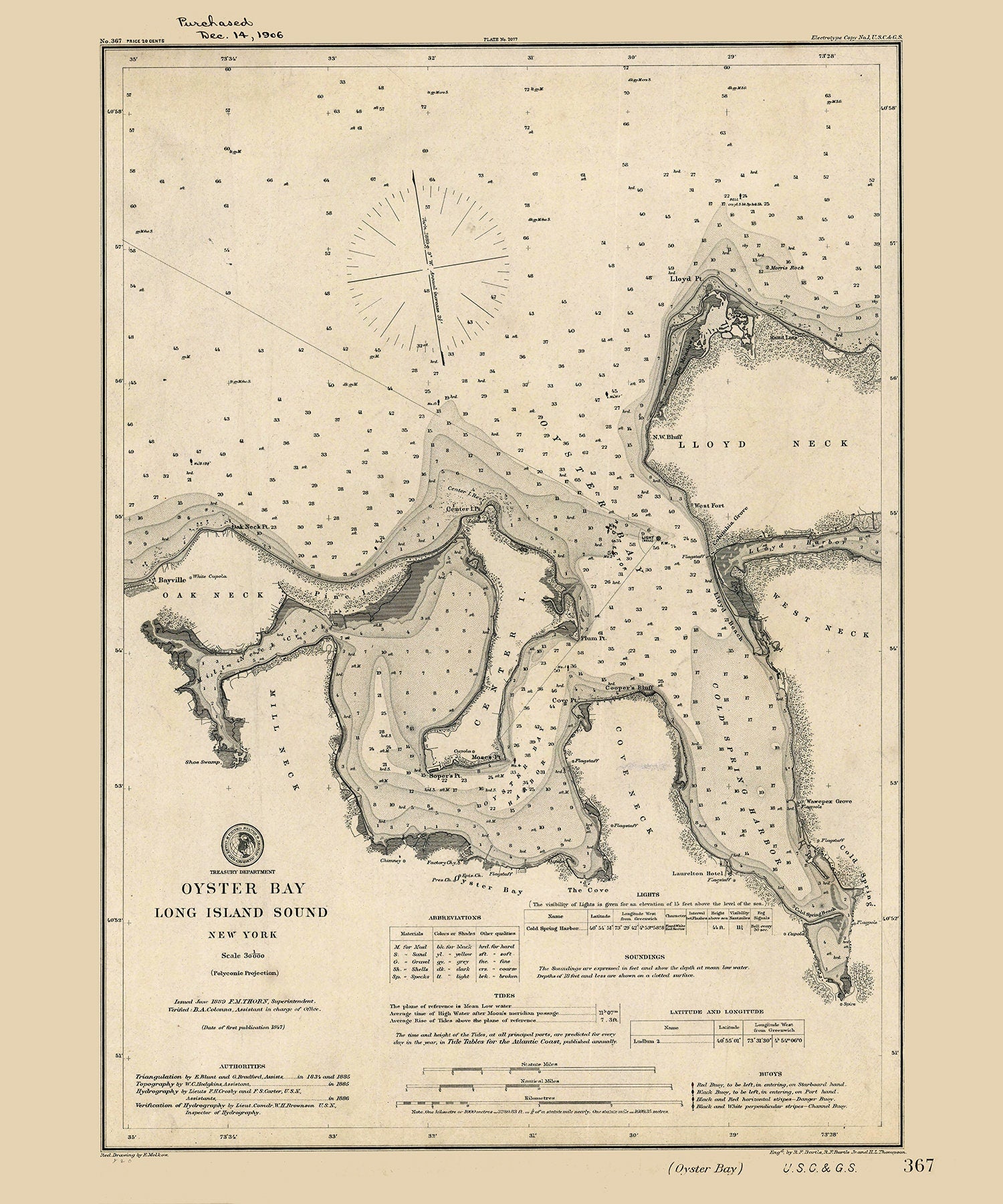 1889 Nautical Chart of Oyster Bay Long Island Sound New York