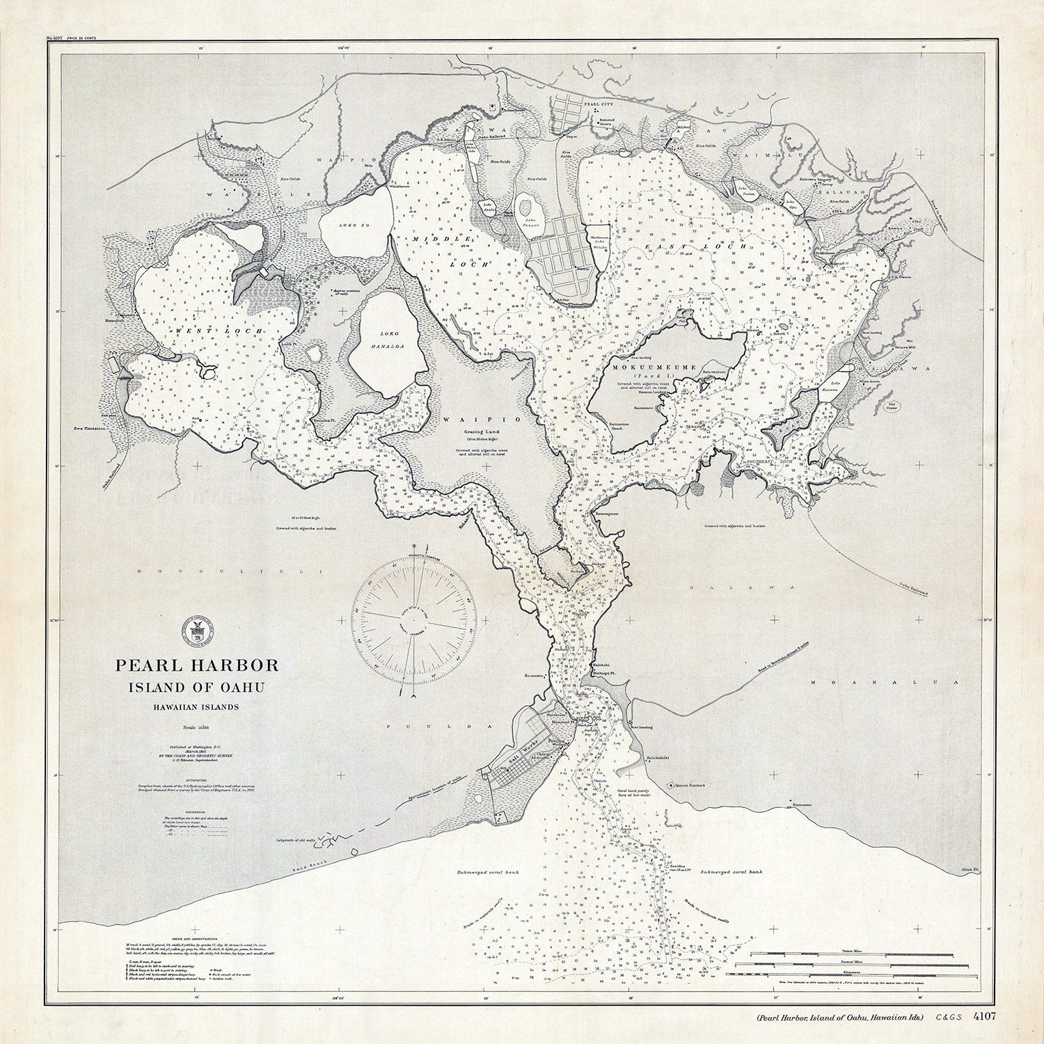 1905 Nautical Chart of Pearl Harbor Hawaii