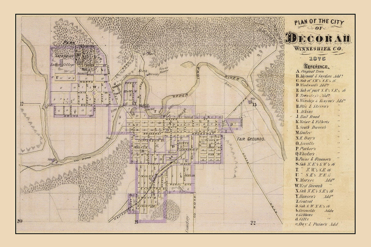 1875 Town Map of Decorah Winneshiek County Iowa