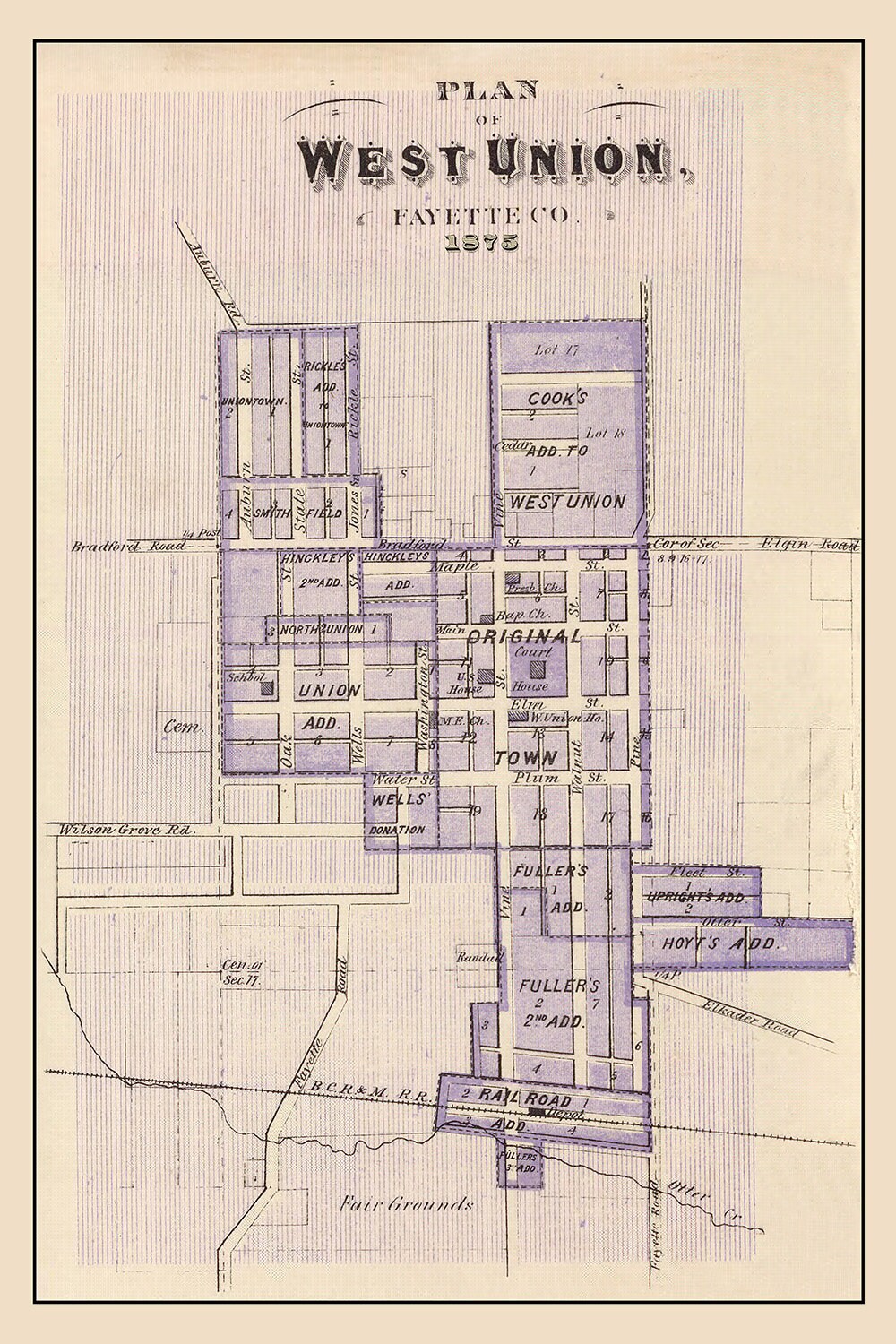1875 Town Map of West Union Fayette County Iowa