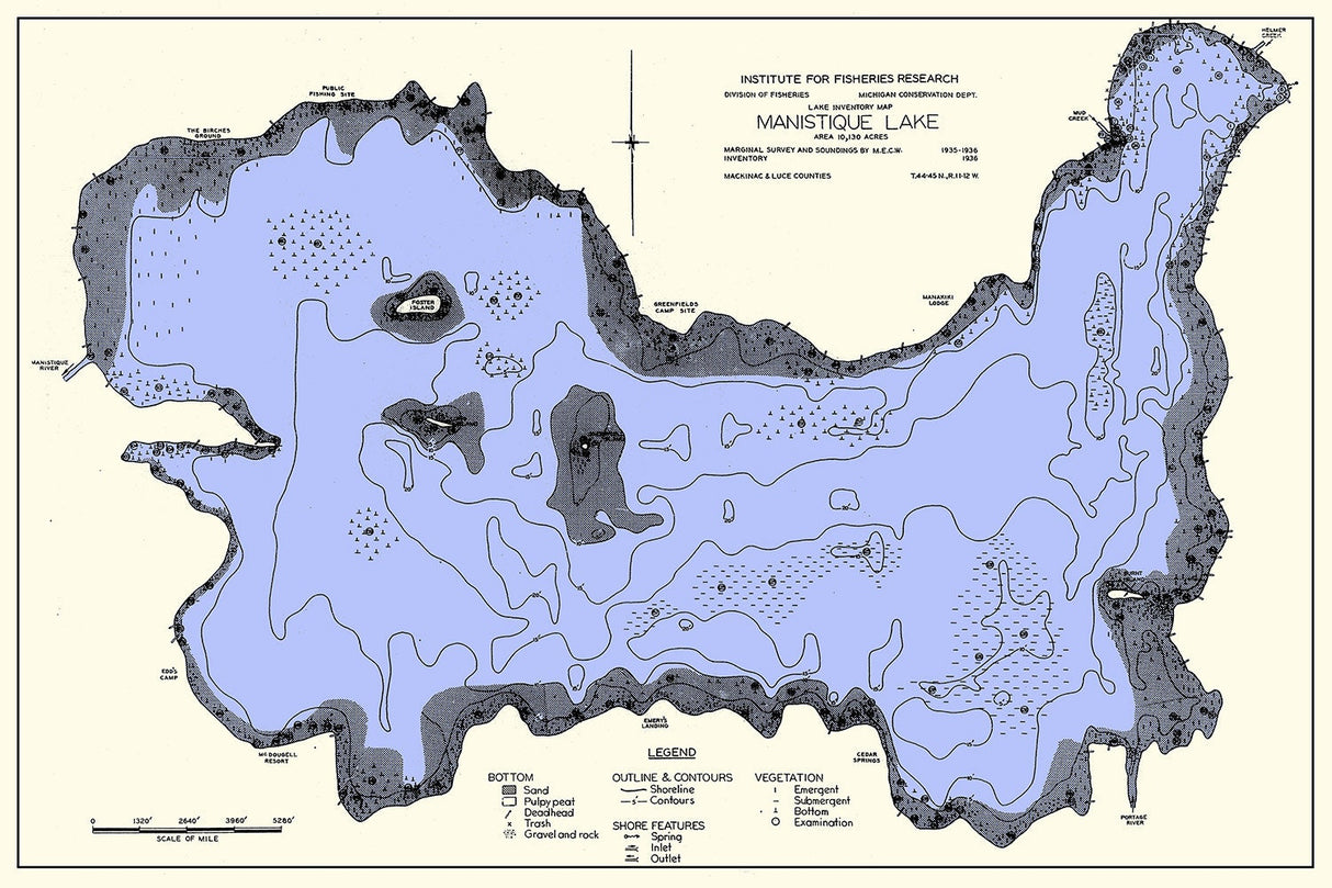 1936 Map of Manistique Lake Mackinac and Luce County Michigan