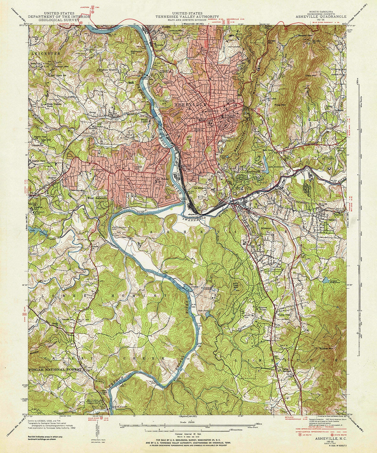 1943 Topo Map of Asheville North Carolina
