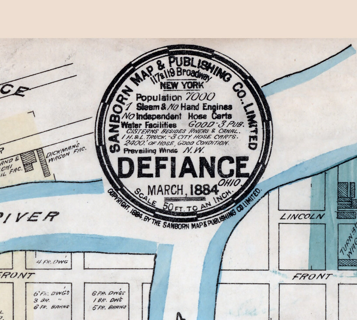 1884 Town Map of Defiance Ohio