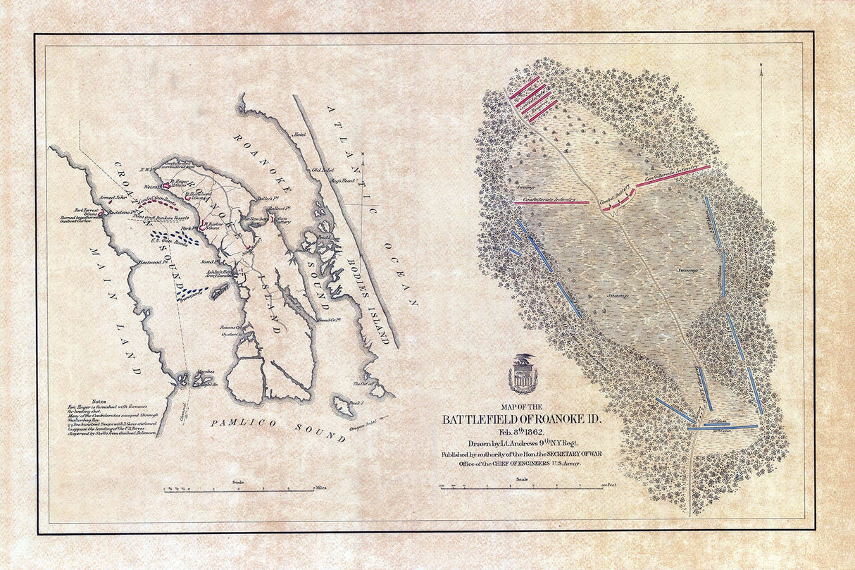 1862 Map of Roanoke Island North Carolina Battlefield