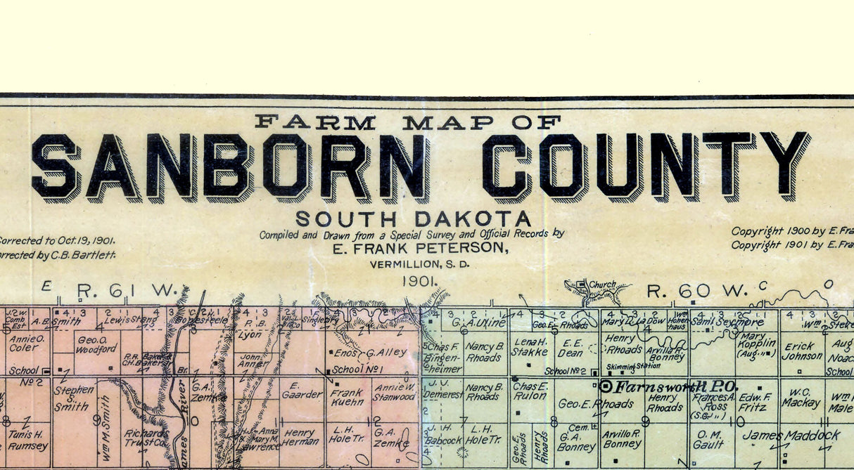 1901 Farm Line Map of Sanborn County South Dakota