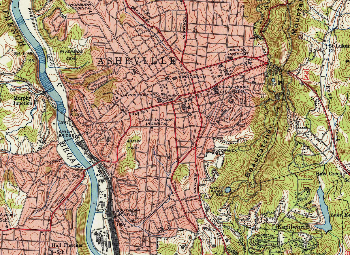 1943 Topo Map of Asheville North Carolina