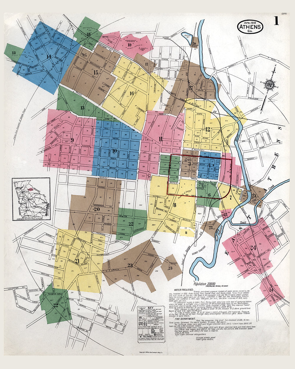 1918 Town Map of Athens Clark County Georgia