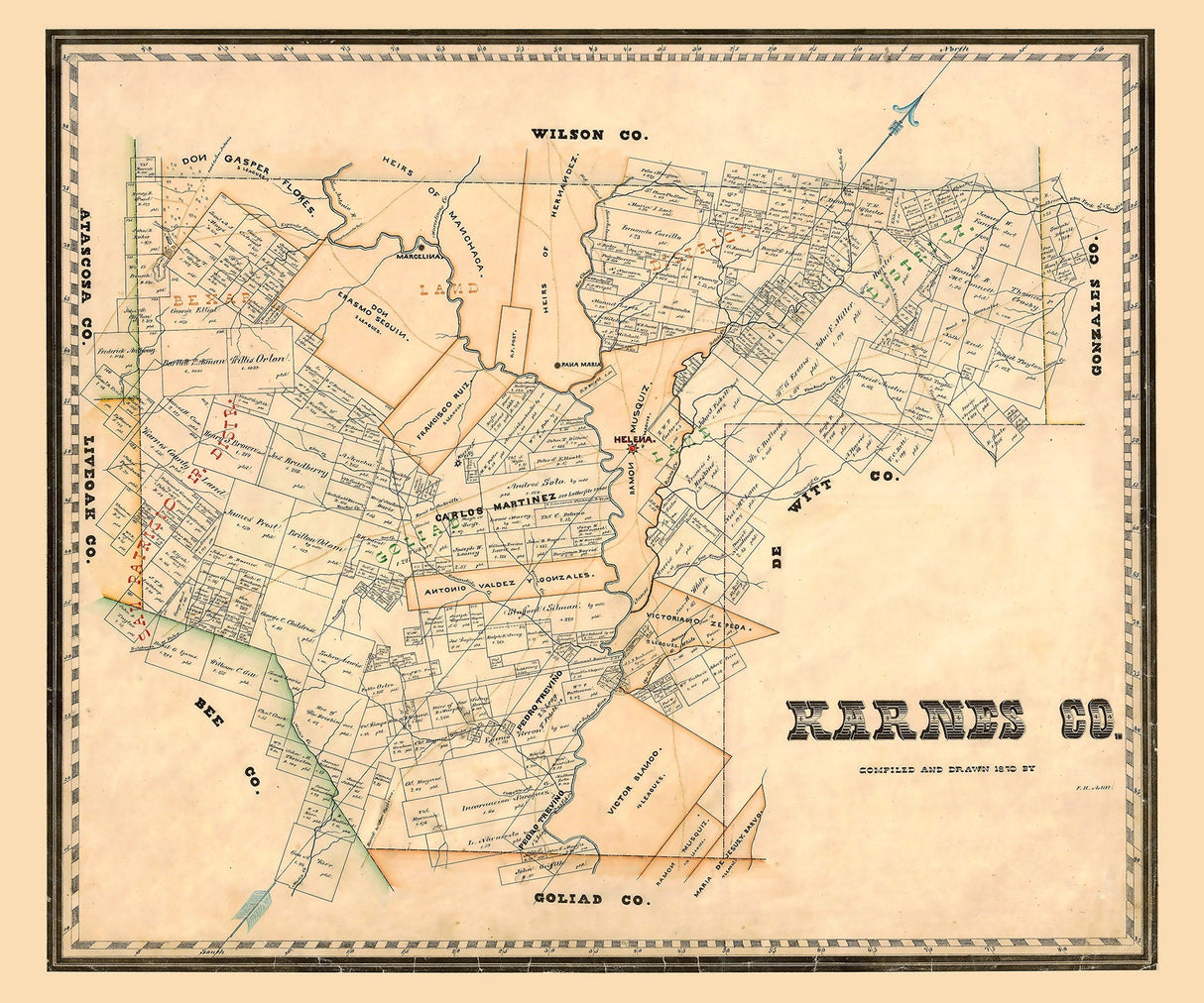 1870 Farm Lines Map of Karnes County Texas