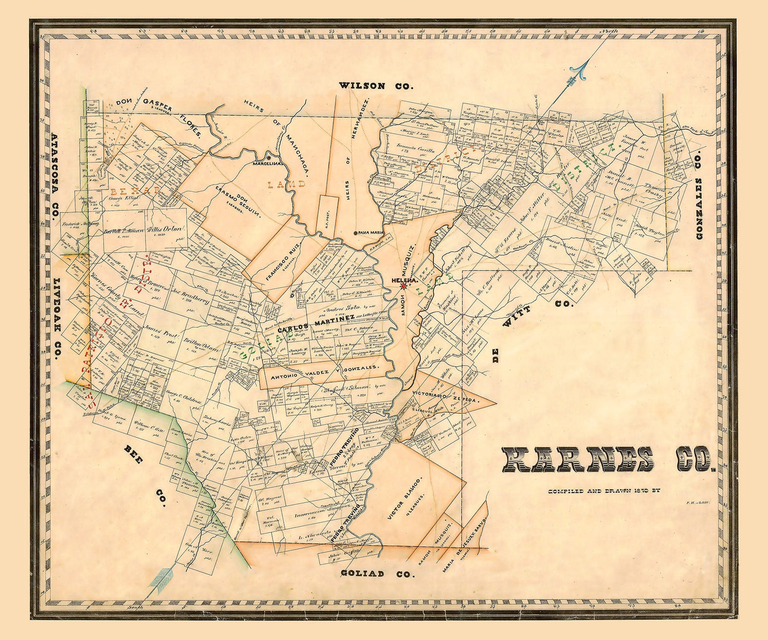 1870 Farm Lines Map of Karnes County Texas