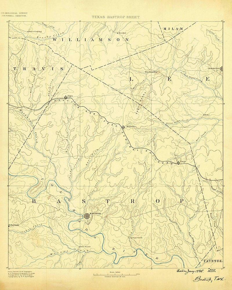 1885 Topo Map of Bastrop County Texas