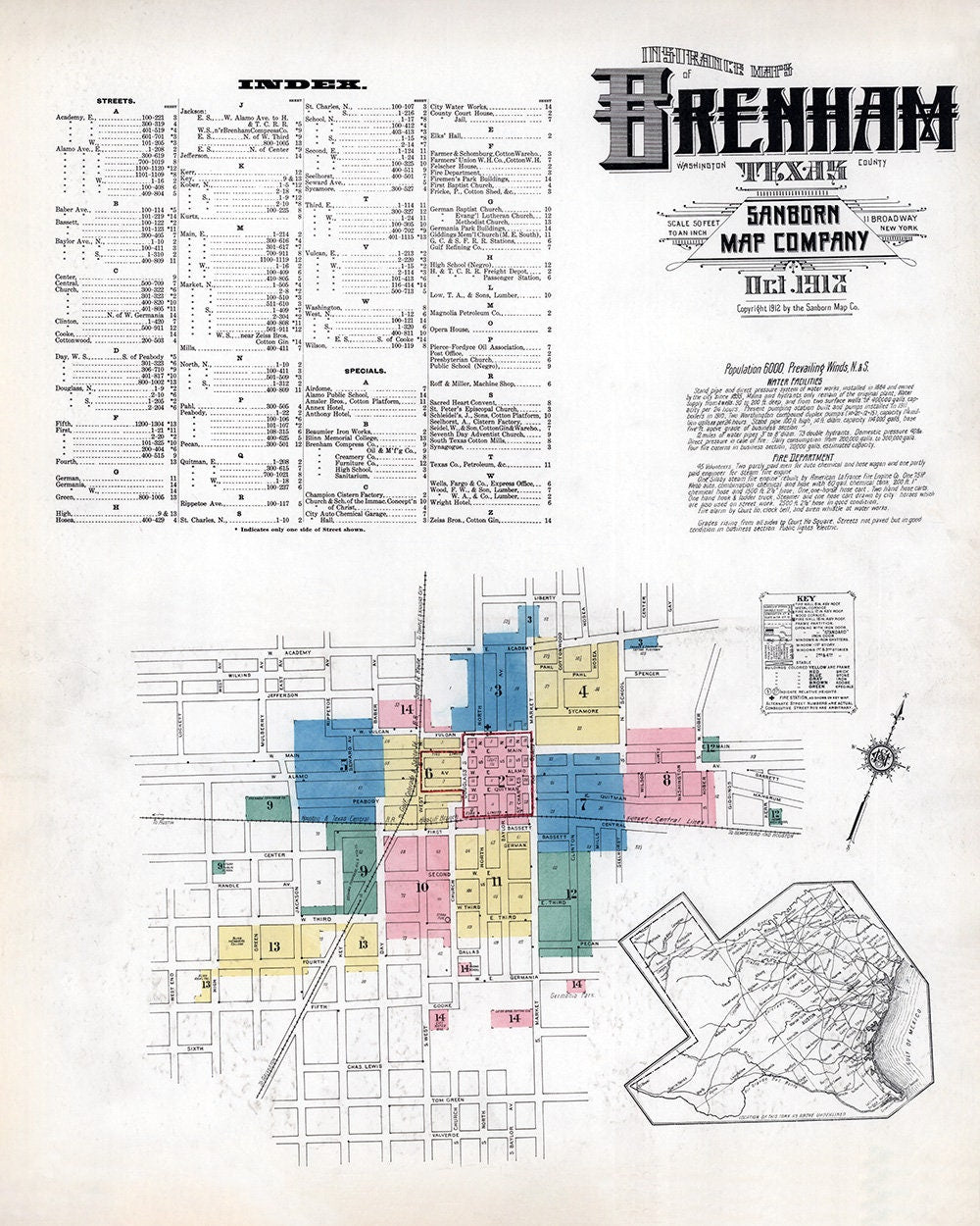 1912 Town Map of Brenham Washington County Texas