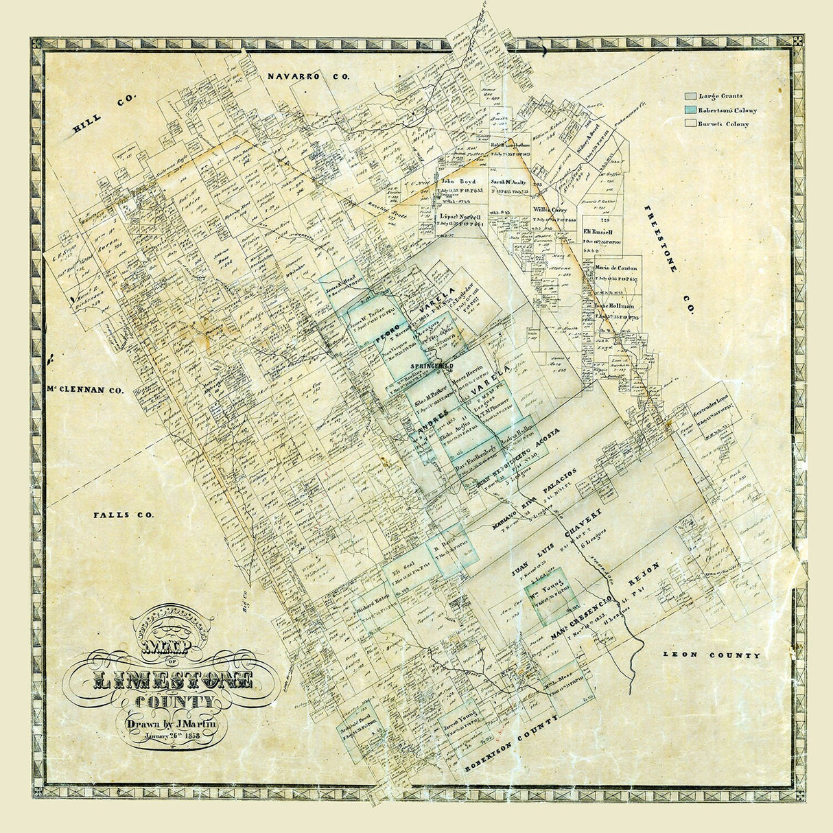 1858 Farm Line Map of Limestone County Texas