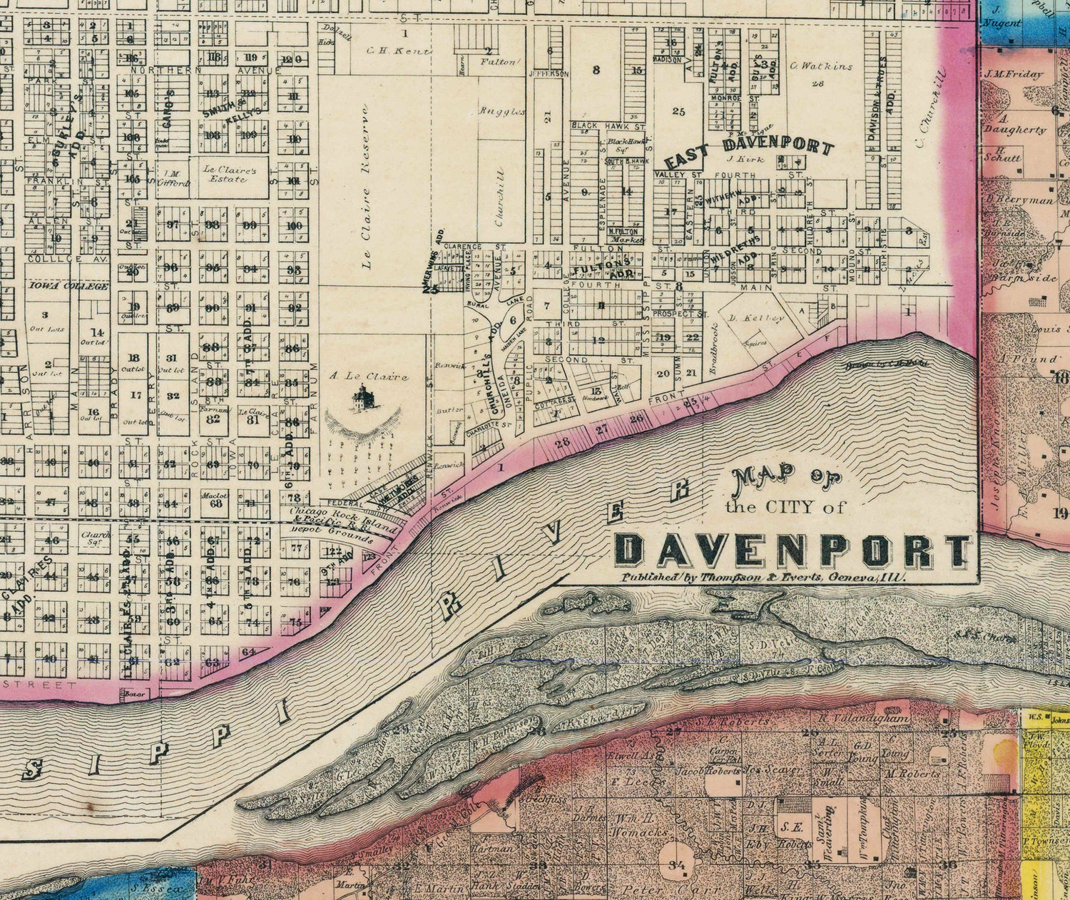 1859 Map of Scott County Iowa and Rock Island County Illinois
